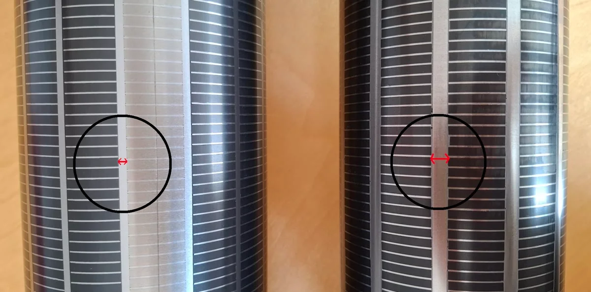 The two constructions at the same magnification: narrow steel band on the left, wide on the right