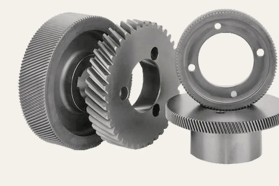 Gears for a print cylinder: helical and spur teeth